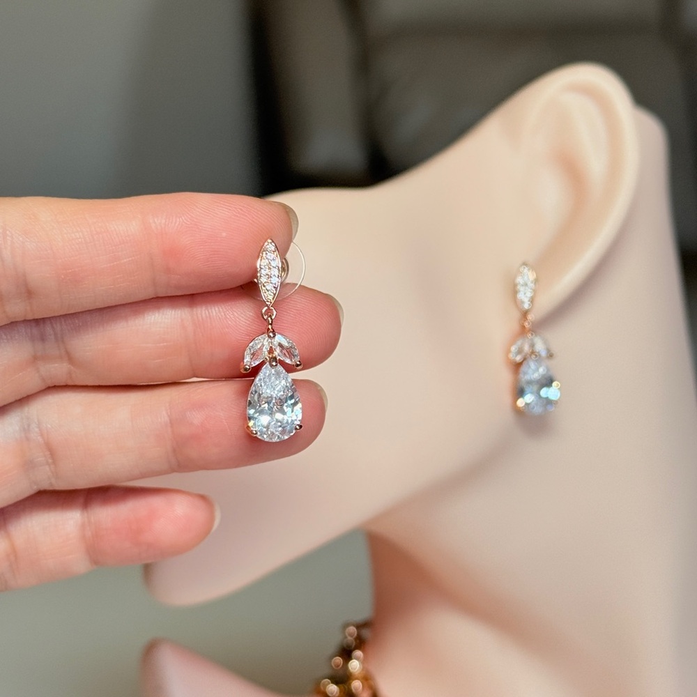 Rose Gold Teardrop CZ Drop Earrings - Elegant Women’s Jewelry